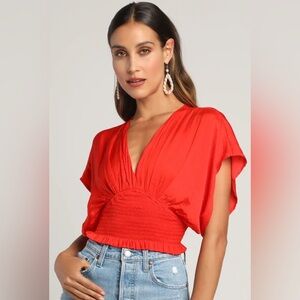 Lulus City Views Red Tie-Back Short Batwing-Sleeve Smocked Top